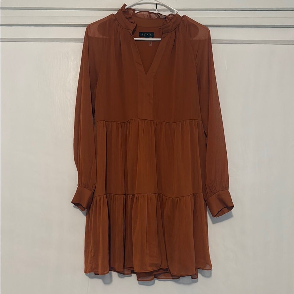 1. State Brown Tiered Sundress with Bishop Sleeves